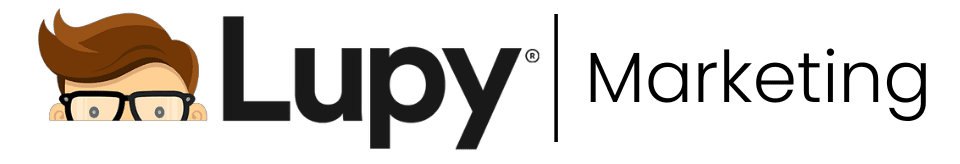 anner da Lupy exibindo o logo da empresa e a palavra "Marketing" em um fundo cinza claro. O logo da Lupy inclui uma ilustração de um personagem com cabelo castanho e óculos pretos, transmitindo uma imagem amigável e acessível. O texto "Lupy Marketing" está escrito em letras pretas e é complementado por uma linha vertical separando o logo da palavra "Marketing". A imagem destaca a identidade visual da marca Lupy de maneira clara e profissional.